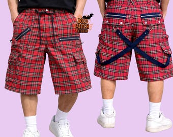 Pantalones cortos cargo a cuadros rojos / ropa urbana punk con bolsillos con cremallera
