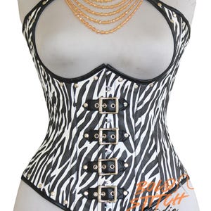 Zebra Faux Leather Buckle Corset with Harness Straps – Gothic Steampunk Underbust Corset Top by Bold Stitch Studio
