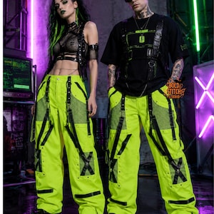 Neon Cyberpunk Cargo Pants, Techwear Streetwear Trousers