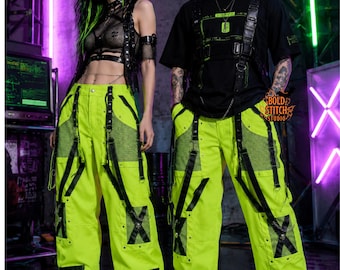 Neon Cyberpunk Cargo Pants, Techwear Streetwear Trousers, Industrial Strap Rave Pants, Unisex Gothic Utility Pants