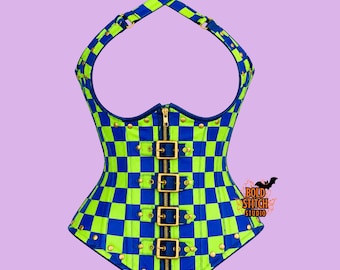 Fluorescent Green Blue Underbust Corset, Checkered Gothic Corset, Cyberpunk Waist Cincher, Alternative Festival Corset, Custom Size