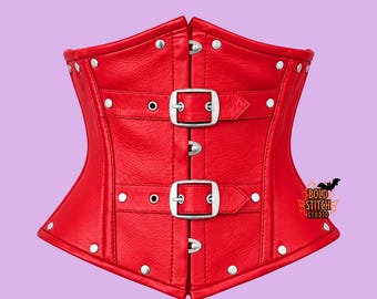 Red Faux Leather Underbust Corset, Gothic Waist Corset, Buckle Corset Top, Punk Alternative Fashion, Custom Size, Statement Corset