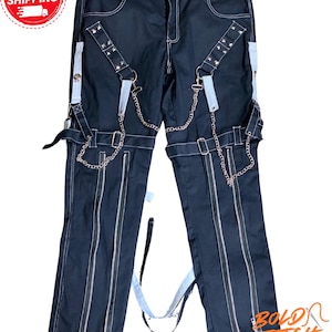 Goth Punk Chain Pants with Straps & Zippers – Black Techwear Cargo Trousers – Y2K Grunge Emo Streetwear – Unisex Alternative Rave Pants