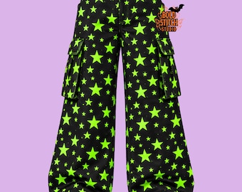 Black Green Star Cargo Pants, Fluorescent Green Wide Leg Trousers, Alternative Streetwear, Neon Gothic Pants, Baggy Festival Rave Pants