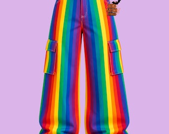 Rainbow Striped Wide Leg Cargo Pants, Unisex Festival Streetwear Trousers, Colorful Pride Baggy Pants, Rainbow Festival Clothing