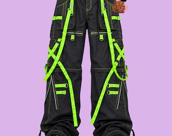 Black Cyberpunk Cargo Pants, Fluorescent Green Strap Pants, Techwear Wide Leg Trousers, Gothic Rave Pants, Alternative Streetwear