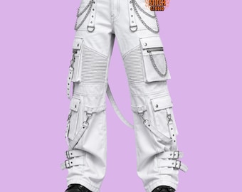 Gothic White Cargo Pants with Chains & Straps, Punk Multi Pocket Cotton Trousers, Cyberpunk Techwear Wide Leg Alt Clothing