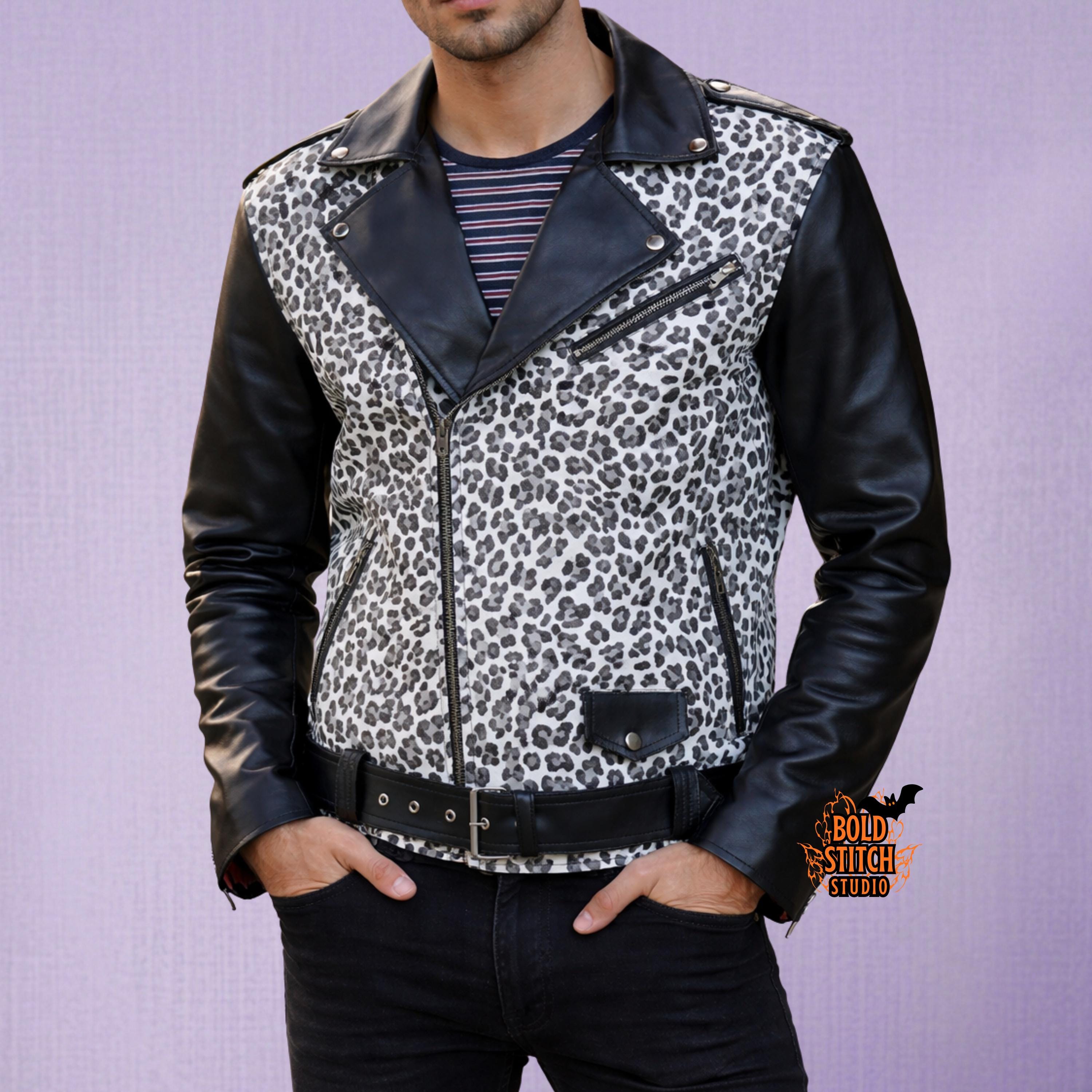 Leopard Print Faux Leather Jacket Men | Animal Print Biker Coat