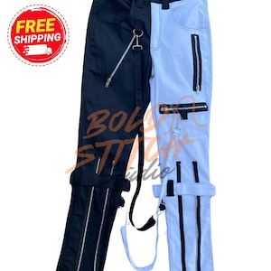 Cyberpunk Techwear Pants: Two-Tone Black & White Cotton, Straps, Zippers