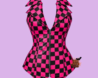 Pink Black Checkered Corset Top, Alternative Halter Bustier, Gothic Punk Zip Front Top, Rave Clubwear, Statement Festival Top, Alt Fashion