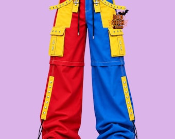 Gothic Cargo Pants, Red Blue Yellow Wide Leg Trousers, Color Block Punk Pants, Techwear Streetwear Trousers, Alternative Festival Pants