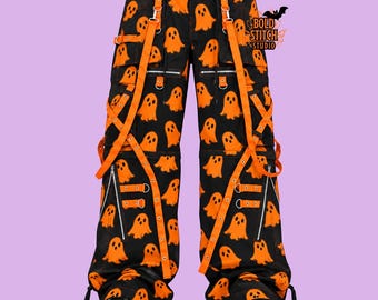 Ghost Print Techwear Pants, Black Orange Halloween Cargo Pants, Gothic Cyberpunk Trousers, Spooky Rave Pants, Alternative Streetwear