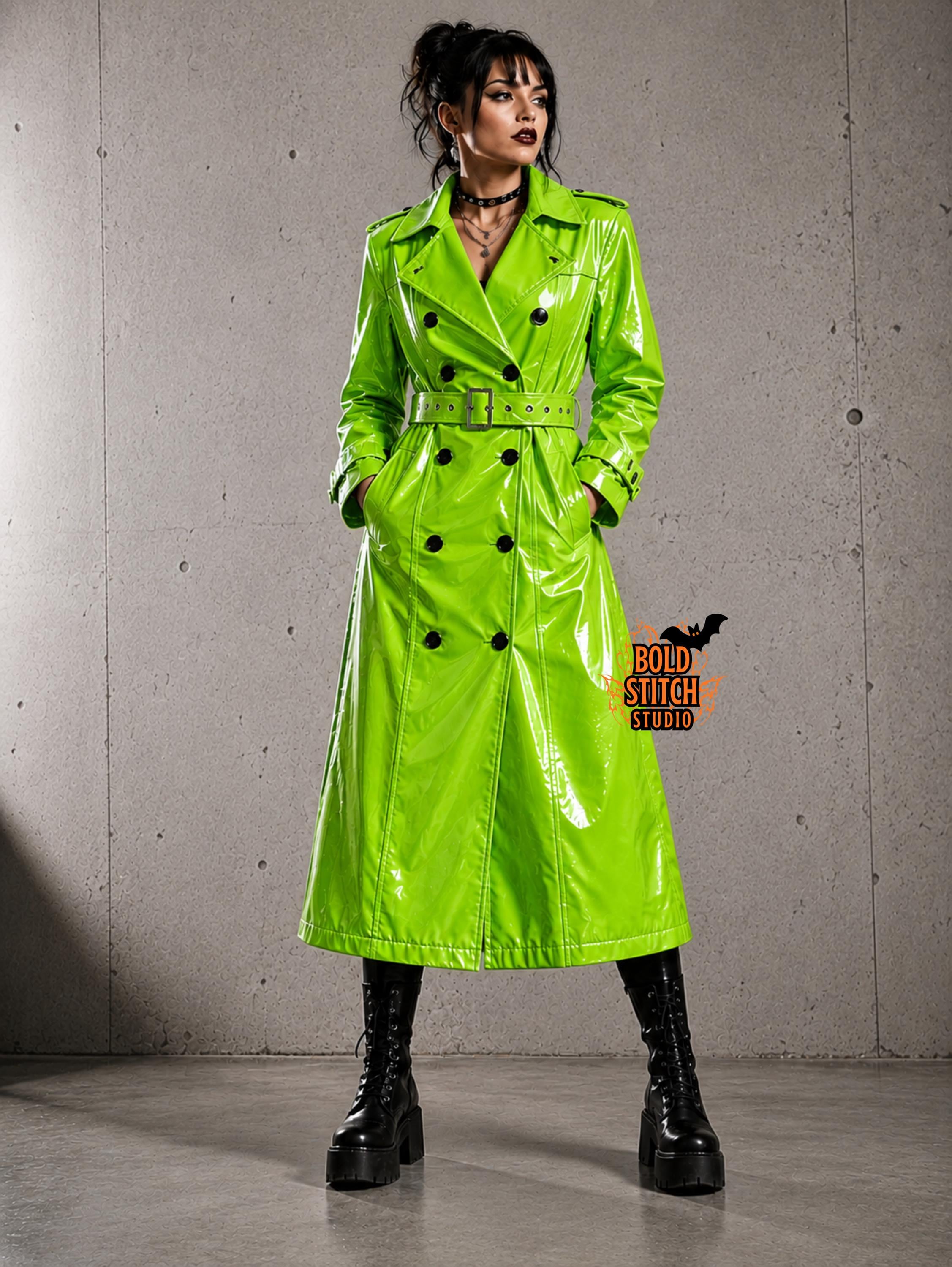 Neon Green Vinyl Trench Coat: Waterproof Belted Rain Jacket - Etsy