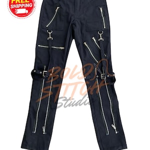Black Goth Pants with Strips– Zippered Starch Pants with D-Rings & Straps, Grunge Streetwear Unisex