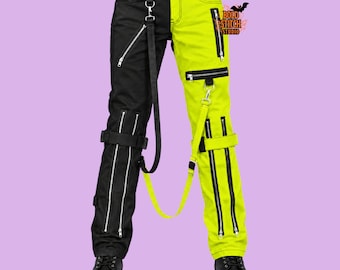 Black Neon Techwear Pants, Two Tone Cargo Trousers, Cyberpunk Zipper Pants, Gothic Streetwear, Rave Pants, Custom Size