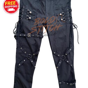Black Goth Pants with Strips– Grunge Streetwear Unisex, Zippered Starch Pants with D-Rings & Straps