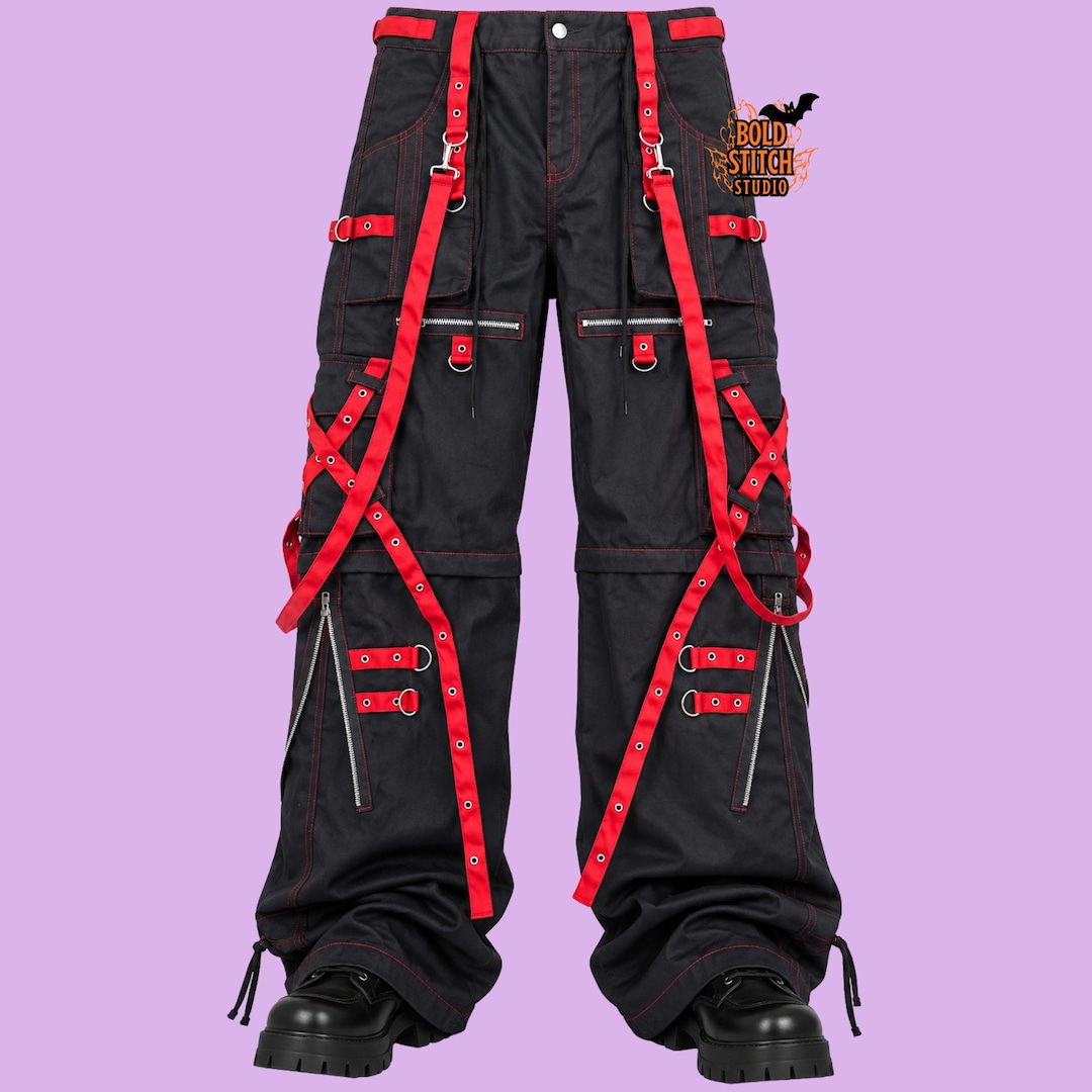 Black Red Techwear Cargo Pants | Gothic Punk Strap Pants