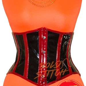 Black PVC Underbust Corset: Gothic Red Trim Steampunk Waist Cincher