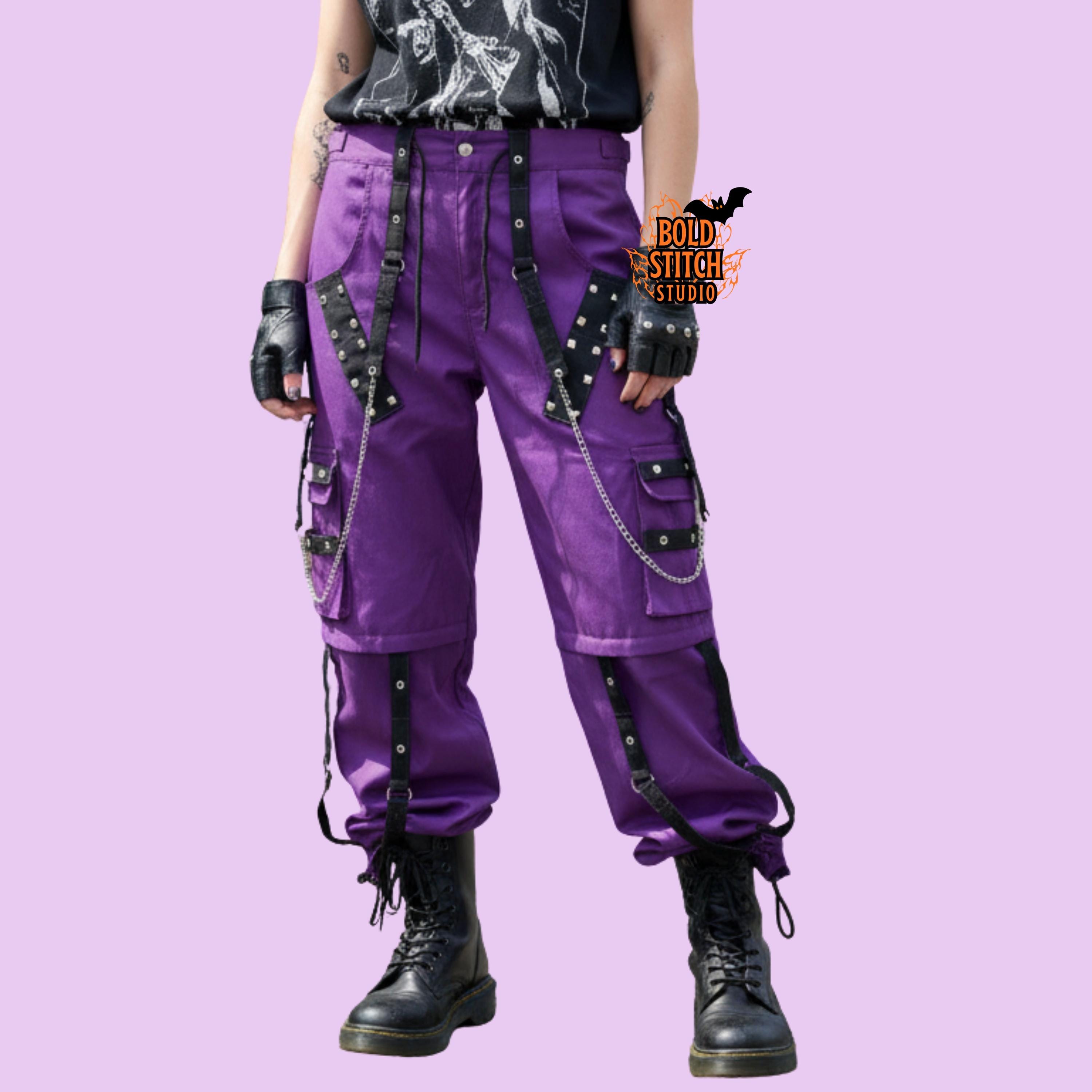 Purple Gothic Techwear Cargo Pants, Cyberpunk Strap Pants With