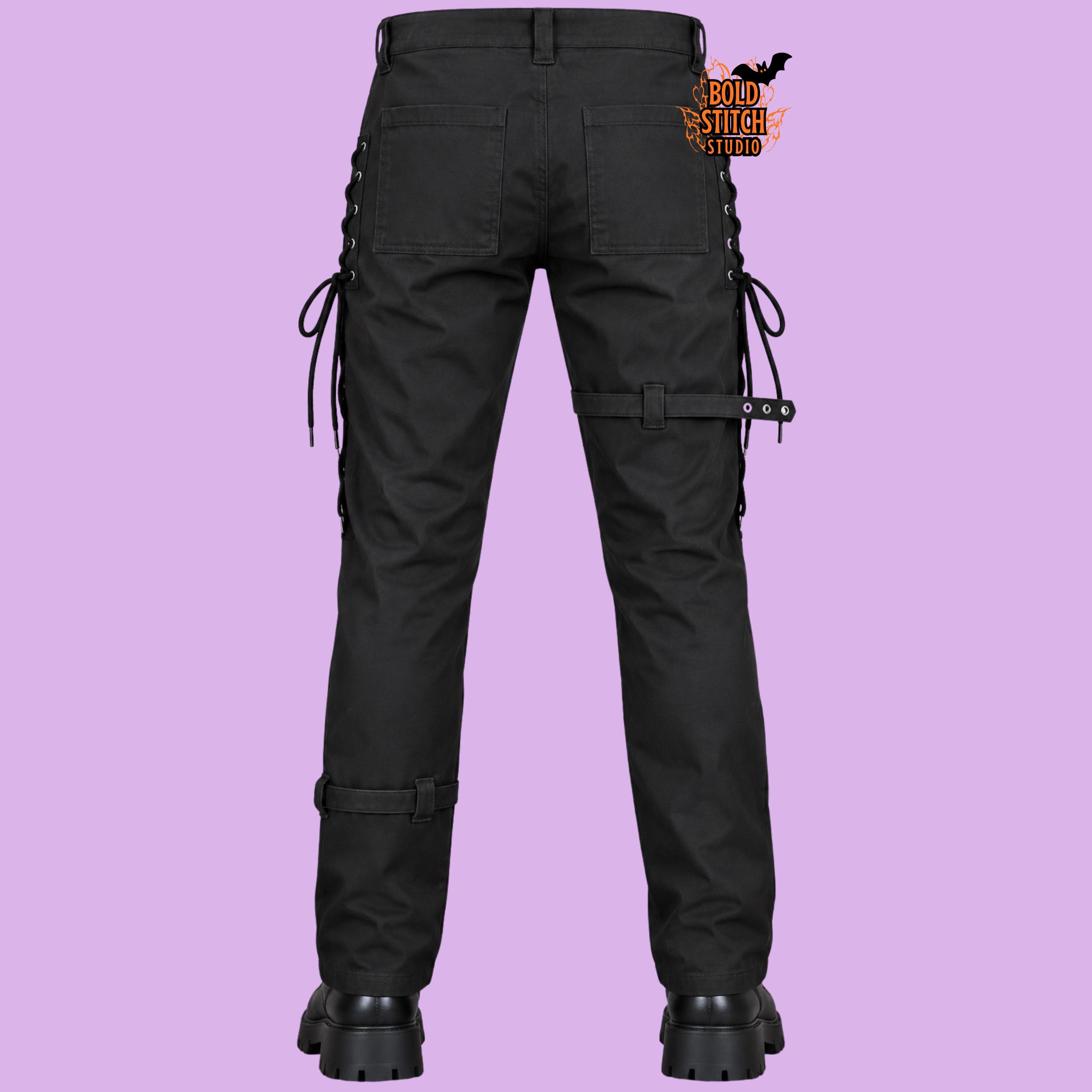 Black Bondage Pants Men, Gothic Strap Pants, Punk Lace up Pants