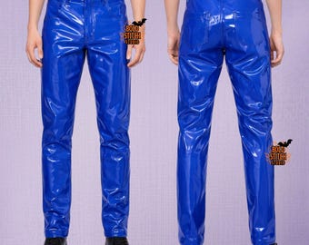 Pantalones de vinilo azul para hombre y mujer / Pantalones de PVC de alto brillo / Pantalones ajustados brillantes / Conjunto de ropa urbana para discoteca