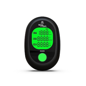 May include: Black, oval-shaped device with a green digital display. The screen shows readings for EF, RF, and MF, with numerical values in green. The device has a green button at the bottom and the text "Sleep Gift" at the top. The model number "RD600S" is visible.