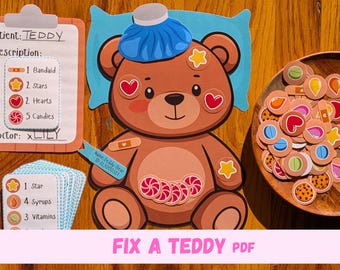 Arreglar un oso de peluche, osito de peluche enfermo, actividad imprimible de conteo, libro tranquilo, actividad preescolar, libro de actividades, actividad para niños pequeños de jardín de infantes, PDF Montessori
