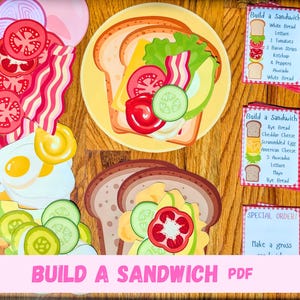 May include: A set of paper cutouts for a sandwich building activity, including slices of bread, bacon, tomato, cucumber, lettuce, cheese, and fried eggs. Three instruction cards are included, labeled Build a Sandwich and Special Order.