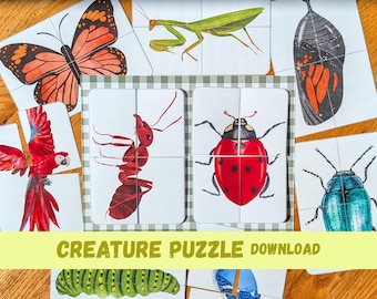 Rompecabezas de criaturas, libro tranquilo imprimible, libro de actividades para preescolar, libro de actividades para niños pequeños, actividad preescolar, actividad Montessori, actividad de insectos, PDF