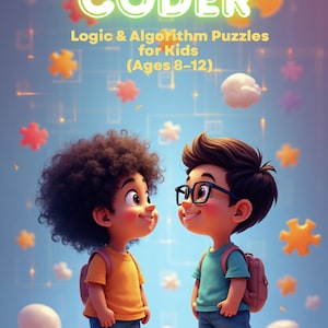 May include: A book cover with the title "THINK LIKE CODER" in green and orange. The cover features two cartoon children, one with curly hair and the other wearing glasses, facing each other. The text "Logic & Algorithm Puzzles for Kids (Ages 8-12)" is also present.