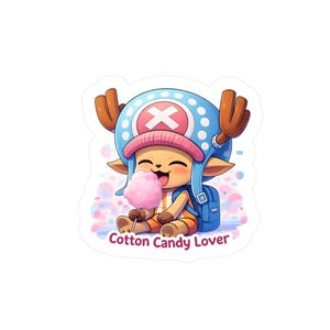 May include: A sticker featuring a cartoon character with a blue hat and backpack, eating pink cotton candy. The text "Cotton Candy Lover" is below the character.