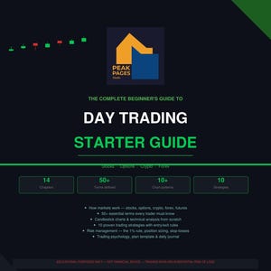 Puede incluir: Un fondo oscuro con un diseño verde y negro, con una guía titulada "Guía para principiantes completa de Day Trading". La guía incluye información sobre acciones, opciones, cripto y forex.