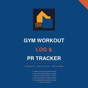 Puede incluir: Un registro de entrenamiento y un rastreador de RP azul y naranja con el texto "GYM WORKOUT LOG & PR TRACKER". Incluye un planificador de entrenamiento semanal, un rastreador de series y repeticiones y un rastreador de medidas corporales.
