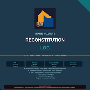 Puede incluir: Un registro digital con fondo azul marino, con el texto "PEPTIDE TRACKER & RECONSTITUTION LOG". El diseño incluye un logotipo con una forma geométrica amarilla y azul. Proporciona secciones para el seguimiento de GLP-1, péptidos, reconstitución e inventario.
