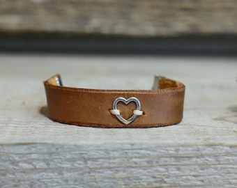 Boho Full Grain Leather Heart Bracelet - Adjustable One Size Fits All - Boho, Western, Chic, Gift for Her