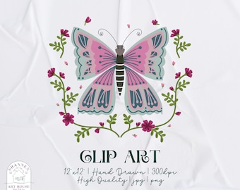 Floral Butterfly Art Clipart PNG | 12x12 Hand Drawn Digital Download for Scrapbooking & Stickers