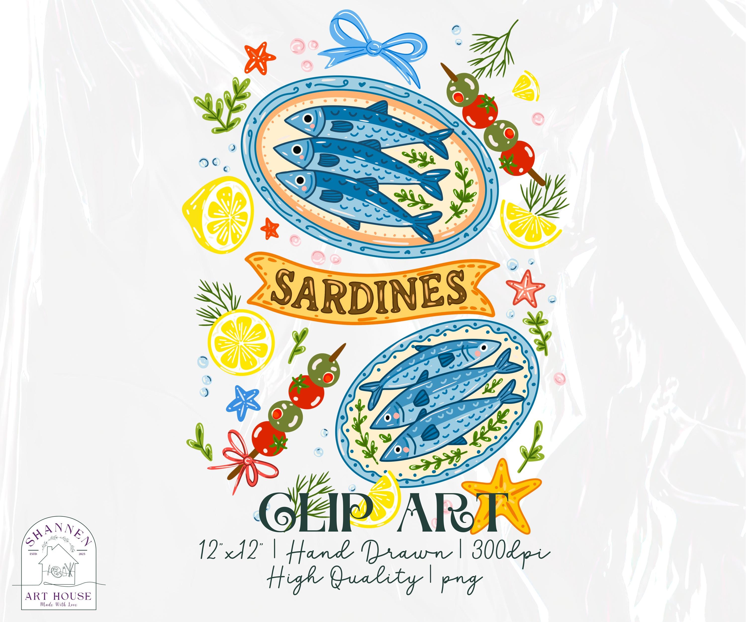 Mediterranean Sardines Clipart: Hand-Drawn Amalfi Coast Food Illustrations (PNG Digital Download