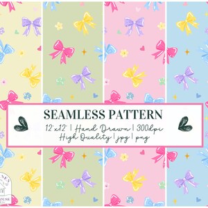 Könnte beinhalten: Nahtloses Musterdesign mit Schleifen, Blumen und Herzen auf Pastellhintergründen. Das Design enthält den Text "SEAMLESS PATTERN" und "12x12 | Hand Drawn | 300dpi | High Quality | jpg | png". Die Farbpalette umfasst Rosa, Gelb, Blau und Lila.