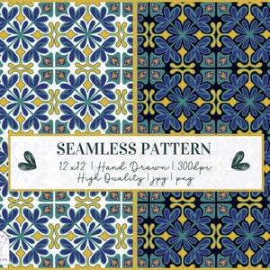 May include: A seamless pattern design featuring a repeating floral motif in shades of blue, yellow, and teal on a white and navy background. The design is hand-drawn and available in 12x12 inches, high quality JPG and PNG formats.