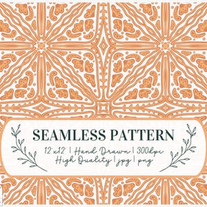 May include: A seamless pattern with a geometric design in shades of orange and white. The pattern is 12 inches by 12 inches and is available in both JPG and PNG formats.