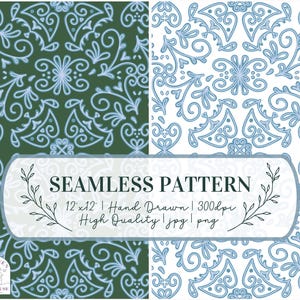 May include: A seamless pattern design with a repeating floral motif in light blue on a dark green and white background. The image includes the text "SEAMLESS PATTERN" and details about the design.