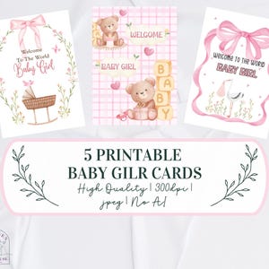 Tarjetas de bienvenida para niña rosa / Tarjeta de felicitación imprimible para recién nacida / Tarjeta de felicitación de princesa / Descarga digital / Arte de "Hola a la niña"