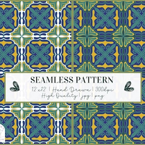 May include: A seamless pattern design with a repeating geometric floral motif in teal, yellow, and green. The hand-drawn design measures 30.48 x 30.48 cm. The image includes the text "SEAMLESS PATTERN" and "High Quality".