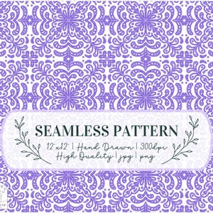 May include: A seamless pattern design in shades of purple and white. The pattern features a repeating floral and ornamental design. The image includes the text "SEAMLESS PATTERN" and details about the design's size, quality, and file type.