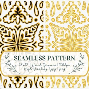 Könnte beinhalten: Ein nahtloses Muster mit einem sich wiederholenden Design aus gelben und schwarzen stilisierten Blütenformen. Das Muster ist 12 Zoll mal 12 Zoll groß und hat eine Auflösung von 300 dpi. Der Text "SEAMLESS PATTERN" befindet sich in der Mitte des Bildes.