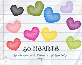 Hand Drawn Heart Clipart: Colorful PNG Stickers (300 DPI Digital Download