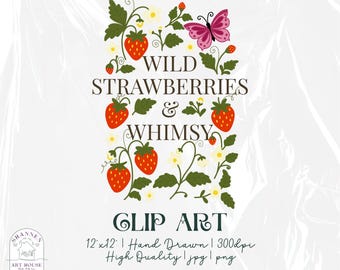 Whimsical Strawberry Clip Art Set: Hand-Drawn Cottagecore PNG & JPG (Digital Download