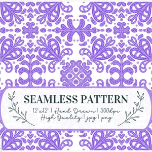 May include: A seamless pattern featuring a purple and white design. The pattern is 12 inches by 12 inches and is hand drawn. It is available in jpg and png formats.