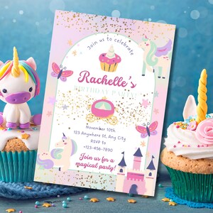 Invitation de fête d'enfants imprimable | Faire-part d'anniversaire licorne modifiable | Modèle de toile Magical Girl - téléchargement immédiat