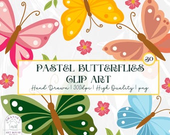 Pastel Butterfly Clip Art: Hand-Drawn Floral PNGs for Scrapbooking (Digital Download